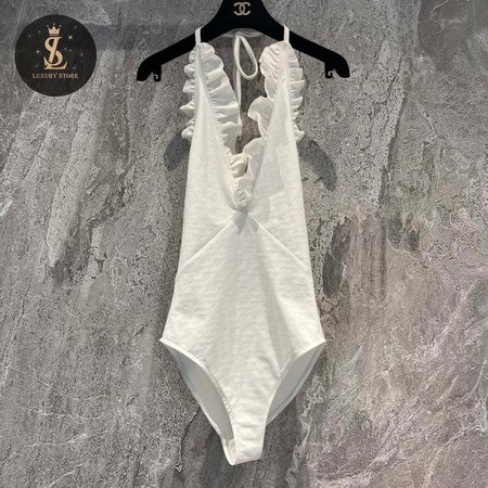 Chanel White Falbala One-Piece Swimsuit