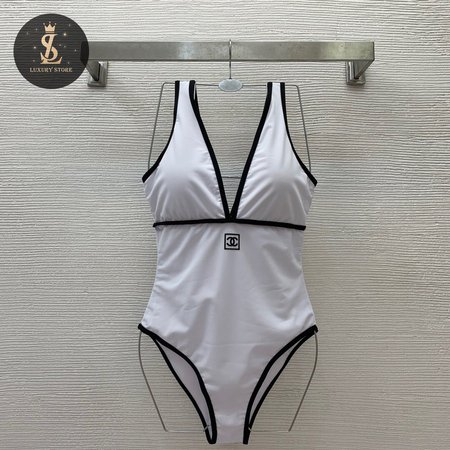 Chanel White V-Neck One-Piece Swimsuit