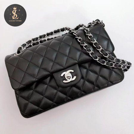 Chanel Classic Double Flap Quilted Caviar Silver-tone Medium Black