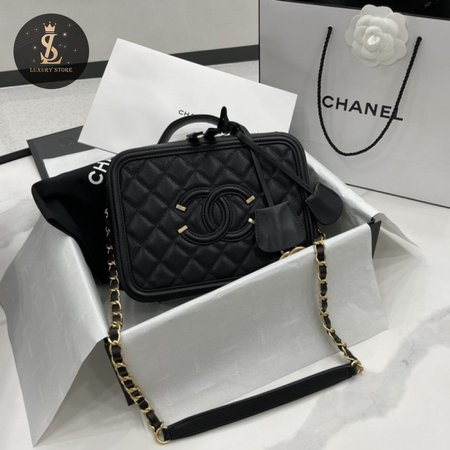 Chanel CC Filigree Vanity Case Quilted Medium Black