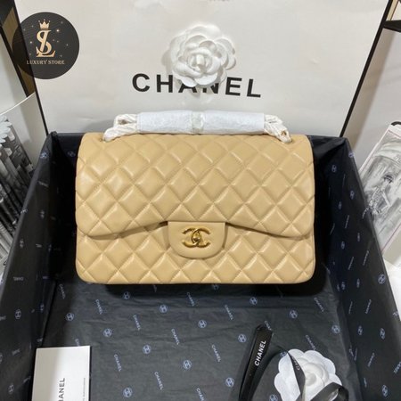 Chanel Classic Double Flap Quilted Jumbo Beige