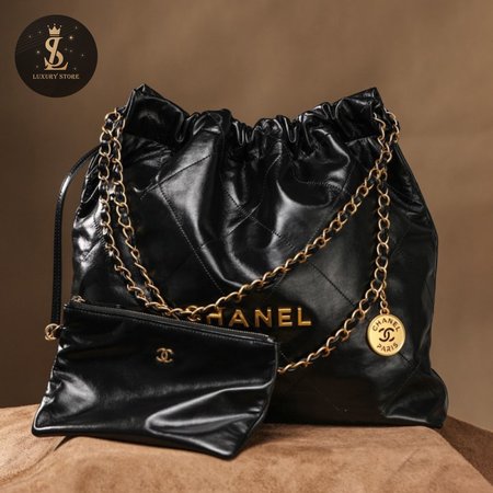 Chanel 22 Large Bag Shiny Calfskin & Gold Black