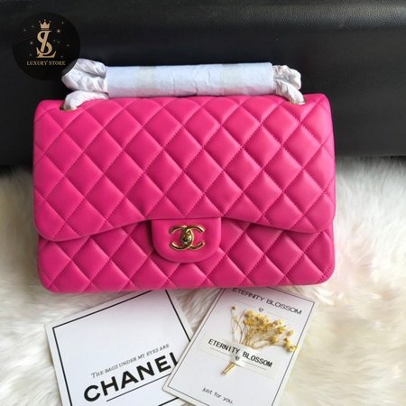 Chanel Classic Double Flap Quilted Lambskin Gold-tone Jumbo Pink