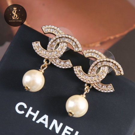 Chanel CC Drop Earrings Crystal Pearl Gold