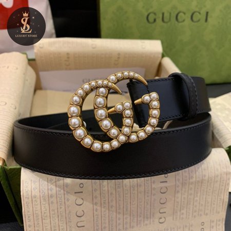 Gucci Leather Belt With Pearl Double G Buckle