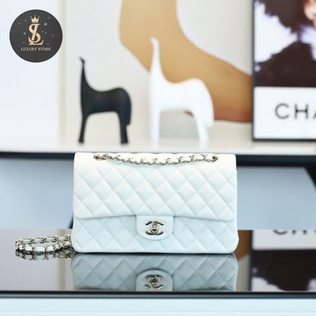 Chanel Classic Flap Shoulder Bag White Silver