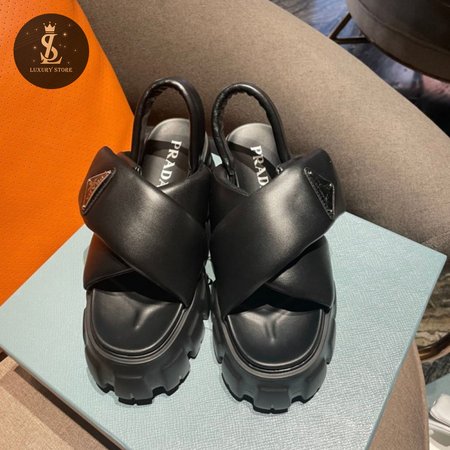 Prada Monolith Logo Patch Chunky Sole Sandals In Black