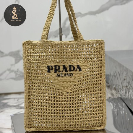 Prada Logo-Print Raffia Tote