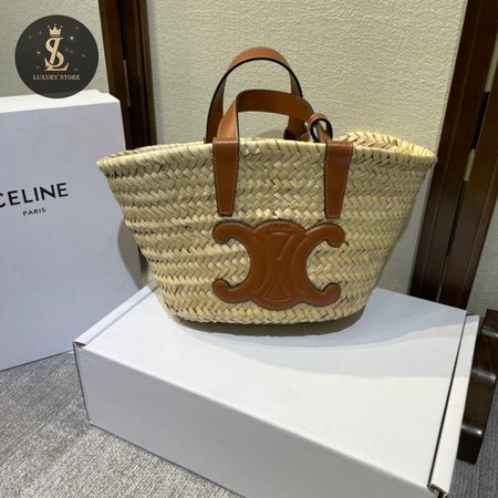 Celine Triomphe Classic Basket Bag In Palm Leaf Calfskin Tan