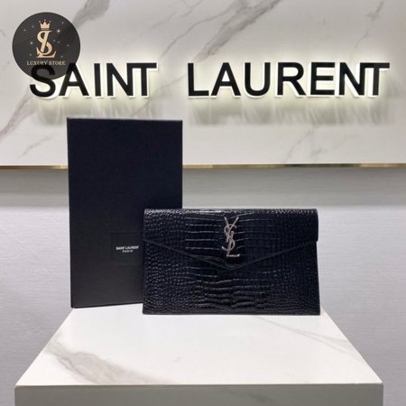 Saint Laurent Uptown Pouch Shiny Crocodile-Look Leather Black