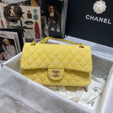 Chanel Yellow Tweed And Leather Double Flap Bag