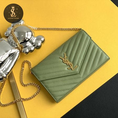 Saint Laurent Monogram Embossed Light Sage Leather Chain Wallet