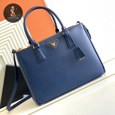 Prada Blue Saffiano Lux Leather Double Zip Tote