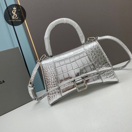 Balenciaga Metallic Shiny Calfskin Crocodile Embossed Hourglass Top Handle Bag