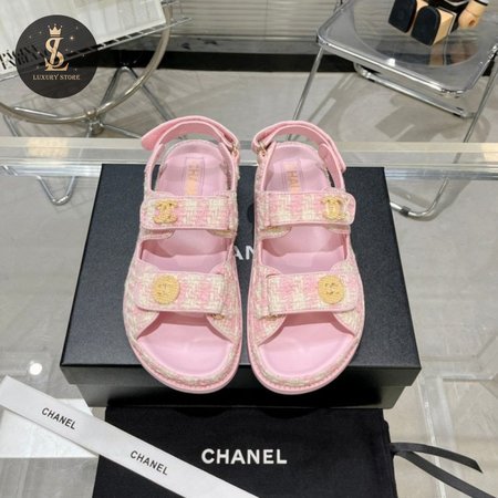 Chanel Gingham Open Toe Rubber Sole Casual Style Tweed