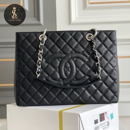 Chanel GST Black Quilted Caviar Leather Silver-Tone Hardware