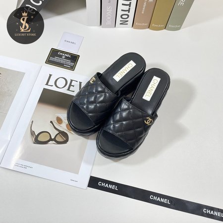 Chanel Black Leather Slides