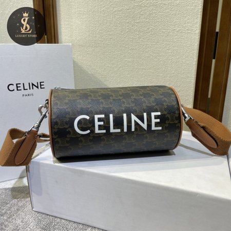 Celine Cylinder Bag In Triomphe Canvas Tan