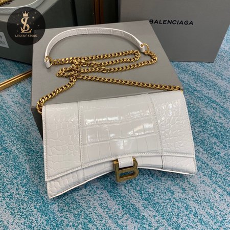 Balenciaga Hourglass Wallet On Chain Crocodile Embossed In White 9016