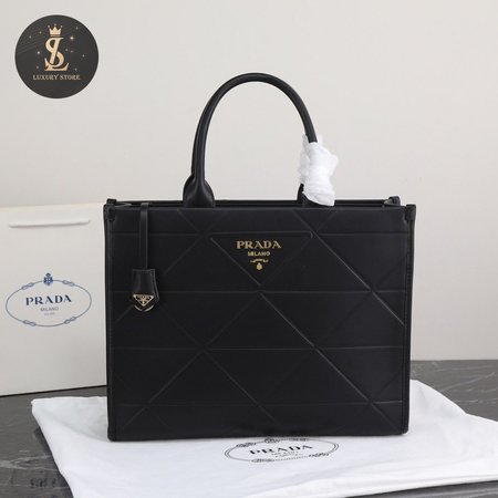 Large Leather Prada Symbole Bag With Topstitching Black 1BA377