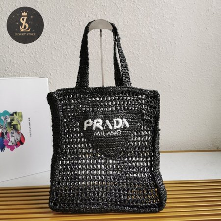 Prada Raffia Tote Bag Black 1BG393