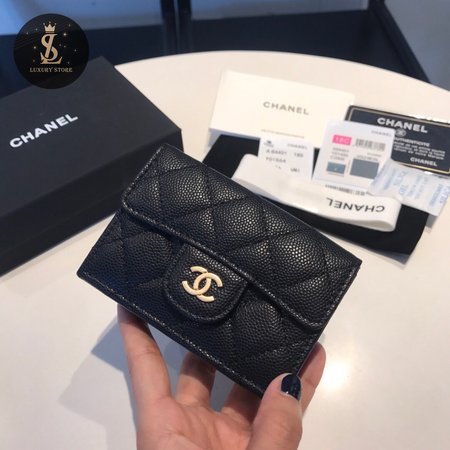 Chanel Card Holder Quilted Caviar Gold-tone Black