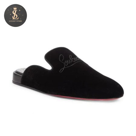 Christian Louboutin Navy Coolito Flat Black Velvet Backless Slide