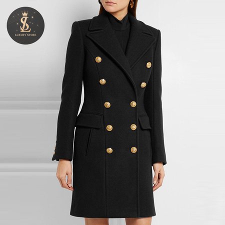 Balmain Black Double Breasted Gold Button Wool Coat