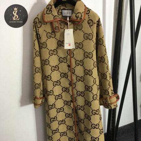 Gucci G Jacquard Letter Leather-Bound Mid-Length Trench Coat