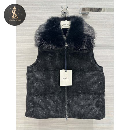 Moncler Carrelet Fur-Collar Tweed Vest Black Women's