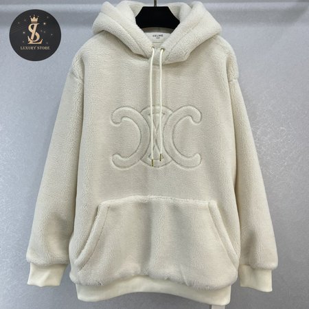 Celine Oversized Triomphe Hoodie In Fleece Off White S-L