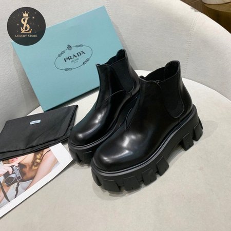 Prada Monolith Brushed Leather Chelsea Boots Black 35-40