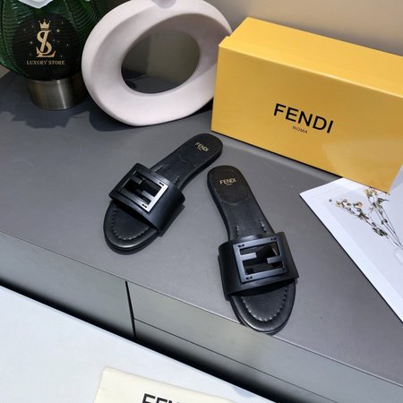 Fendi Baguette Black Leather Slides 35-40