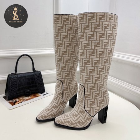 Fendi Cut High-Heeled Dove Gray FF Chenille Boots 35-39