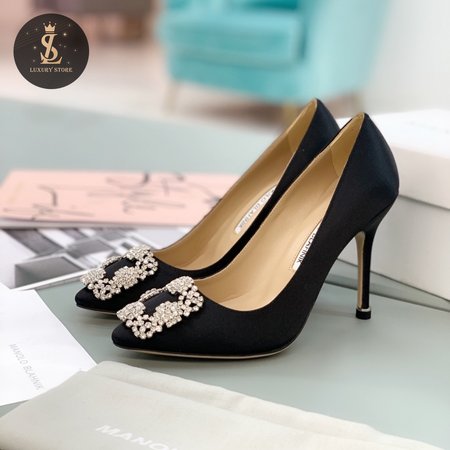 Manolo Blahnik Hangisi Black Satin Jewel Buckle Pumps 35-39