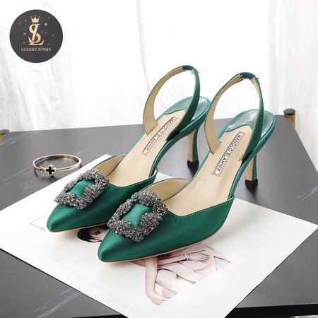 Manolo Blahnik Green Satin Jewel Buckle Slingback Pumps 35-42